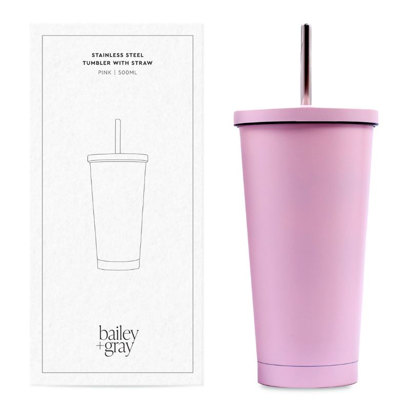 Bailey + Gray Stainless Steel Tumbler with Straw 500ml Pink