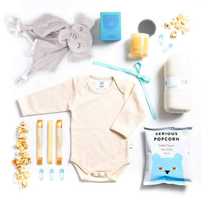 The Beautiful Baby Boy Gift Box - Comforter, Bodysuit, Wrap, Candle and Snacks