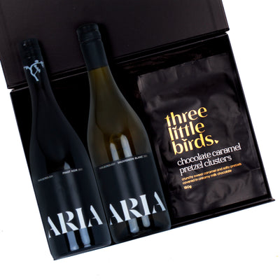 The Double Cheers Wine Gift Box - Aria New Zealand Pinot Noir and Sauvignon Blanc and Chocolate Gift Hamper