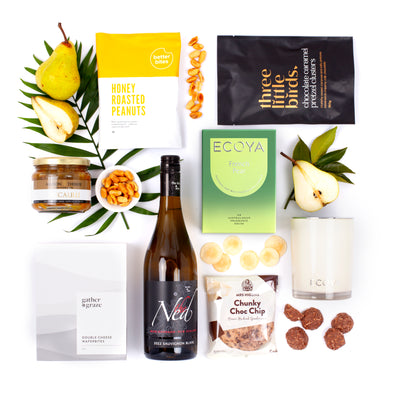 The Evening Essentials - Sauvignon Blanc, ECOYA candle and snacks gift hamper