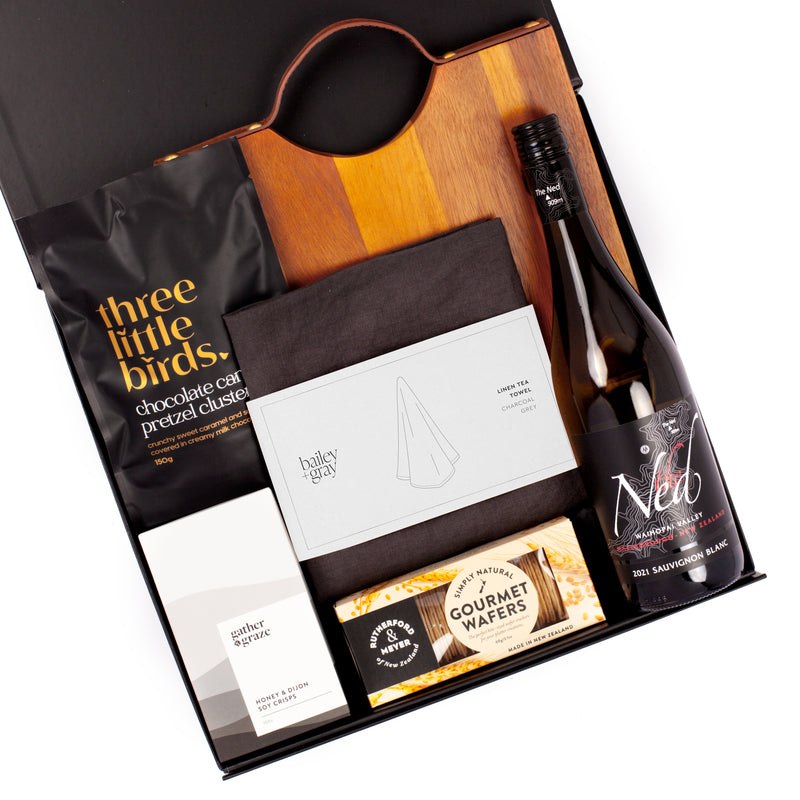 The Just Add Cheese - Wooden Board, Wine & Snacks House Warming Gift Box