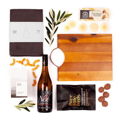 The Just Add Cheese - Wooden Board, Wine & Snacks House Warming Gift Box