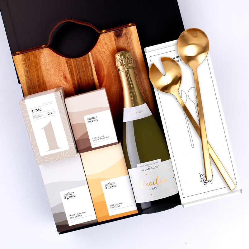 The Luxe Kitchen - Salad Servers, Wooden Board, Bubbles, and Snacks - Housewarming Gift Box