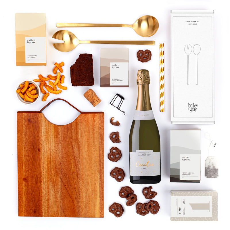 The Luxe Kitchen - Salad Servers, Wooden Board & Bubbles Housewarming Gift Box