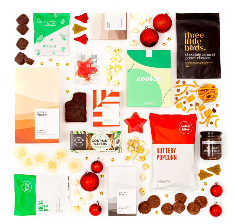 The Merry and Bright Gift Box - caramel popcorn, cookies, chocolates, relish, soy crisps, bhuja mix, jet planes, brownie