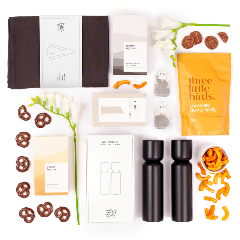 The Perfect Pair Homewares Gift Box - Tea Towel, Salt & Pepper Grinders, Tea, Pretzels & Chocolate Hokey Pokey