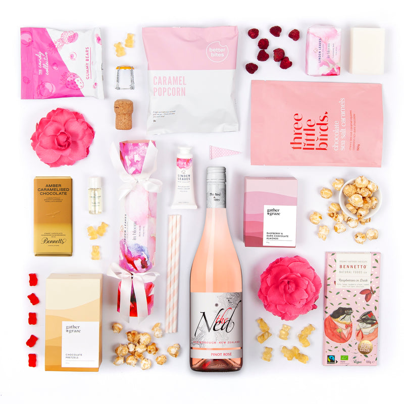 The Pink Perfection - Pink Themed Gift Box - Chocolate, Popcorn, Caramels, Almonds, Hand Cream & Wine