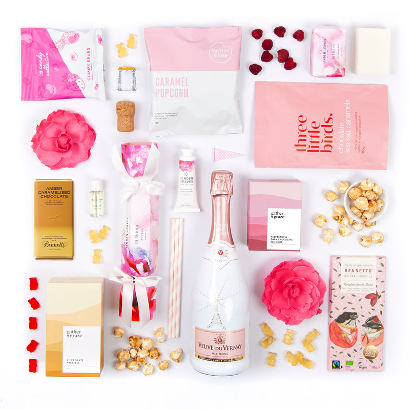 The Pink Perfection - Pink Themed Gift Box - Chocolate, Popcorn, Caramels, Almonds, Hand Cream & Wine