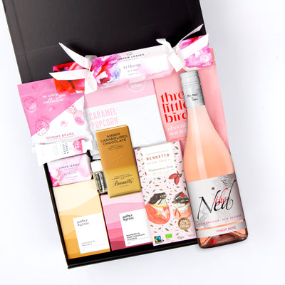 The Pink Perfection Gift Hamper - Chocolate, Popcorn, Caramels, Almonds, Hand Cream & Wine