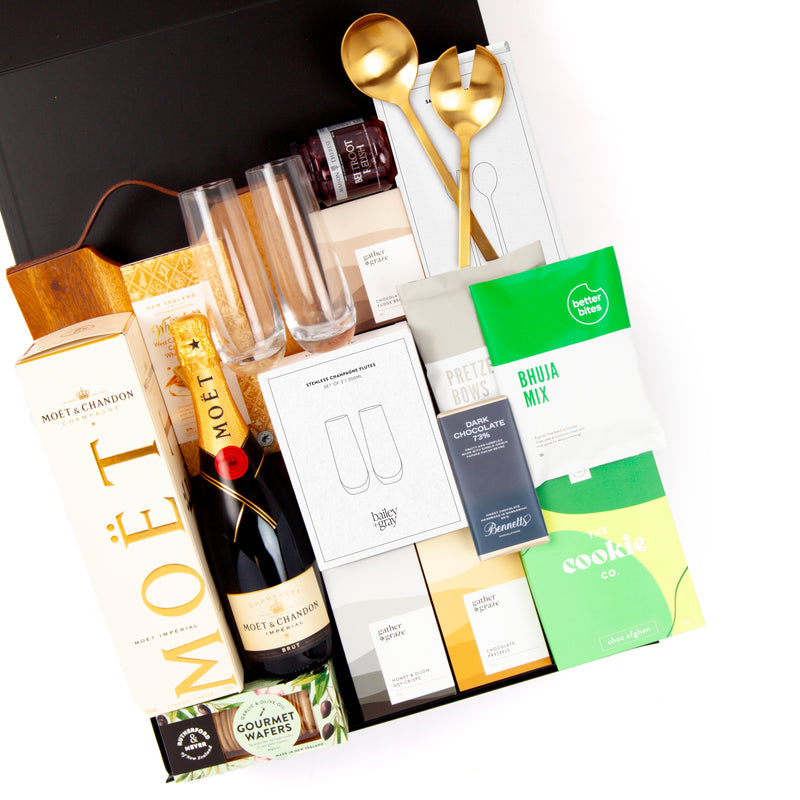 The Pour The Champagne - Luxury Moët and Chandon Imperial Brut Champagne Gift Basket - Snacks, Sweets and Salad Servers, Serving Board, Champagne Flutes