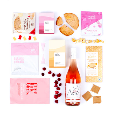 The Pretty In Pink Gift Box - Popcorn, Caramels, Rosè Wine, Cookies, Pretzels, Chocolate and Almonds