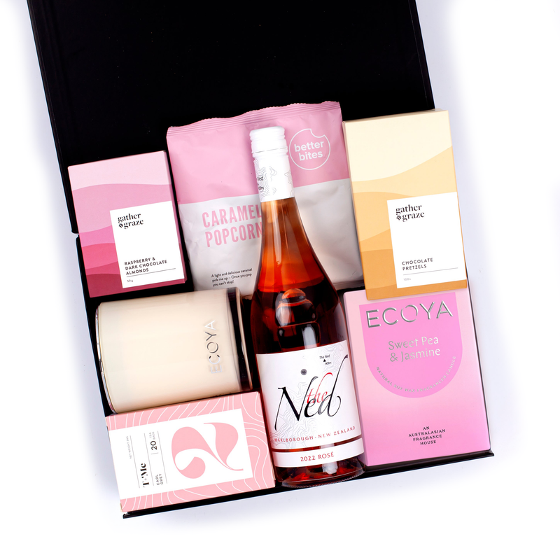 ECOYA Madison Sweet Pea & Jasmine Candle Gift Hamper with The Ned Rose, Popcorn, Tea, Pretzels and Almonds