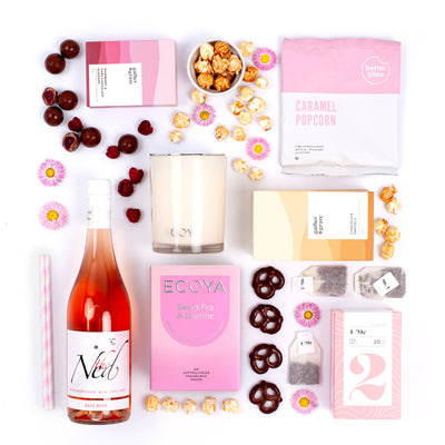 ECOYA Madison Sweet Pea & Jasmine Candle Gift Box with The Ned Rose, Popcorn, Tea and Almonds