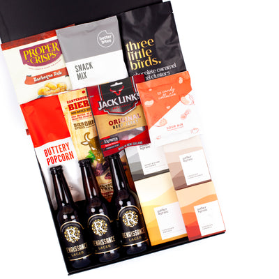 The Ultimate Man Gift Pack - Beer, Chocolate Pretzel Clusters, Jerky, Buttery Popcorn, Crisps, Caramels, Brownie, Lollies and Snack Mix Gift Box