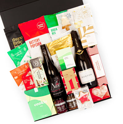 The Very Merry Christmas Gift Box - Luxury Gift Box for Couple - Cookies, Relish, Bhuja, Popcorn, Sour Lollies, Caramels, Tea, Wafers, Champenoise and Sauvignon Blanc