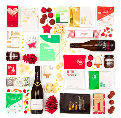 The Very Merry Christmas Gift Box - Luxury Gift Box for Staff & Clients - Cookies, Wine, Relish, Bhuja, Popcorn, Sour Lollies, Caramels, Tea, Wafers, Champenoise and Sauvignon Blanc