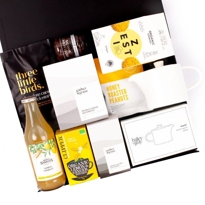 Get Well Soon Cold or Flu Gift Hamper - Teapot, lemon and ginger tea, cookies, relish, chocolates and peanuts