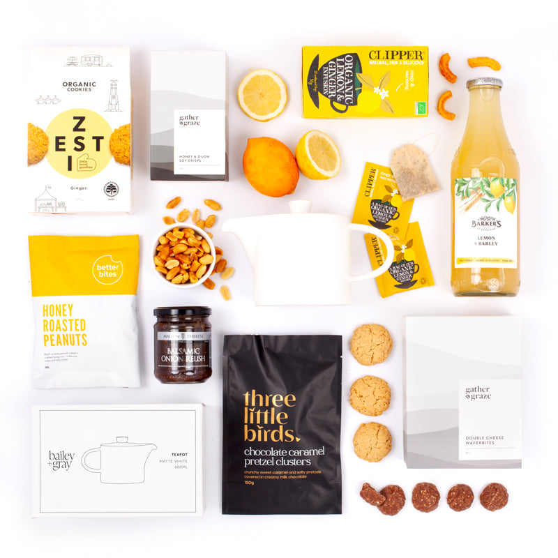 Get Well Soon Cold or Flu Gift Box - Bailey + Gray tea pot, zingy lemon and ginger tea and a selection of sweet and savoury gourmet treats