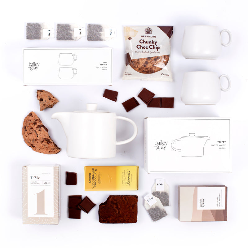 The Tea Time Temptations - Teapot, Mugs, Tea, Cookies, Brownie and Chocolate Gift Box