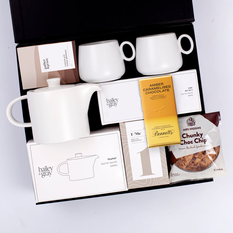 The Tea Time Temptations - Teapot, Mugs, Tea, Cookies, Brownie and Chocolate Gift Hamper